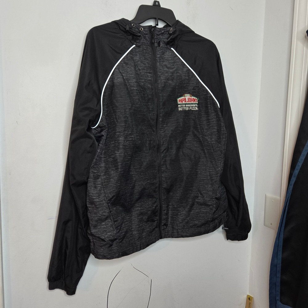 Papa Johns Employee Uniform Windbreaker Jacket Black Hooded Full Zip Small